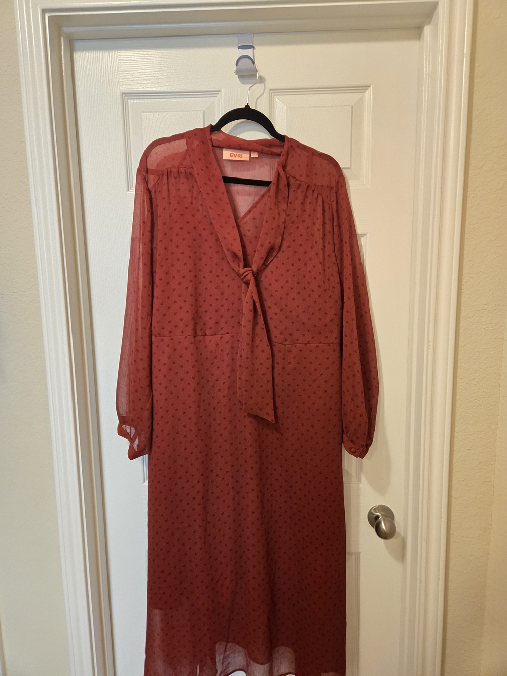 EVRI Maroon Polka Dot Tie-Neck Long Sleeve Dress